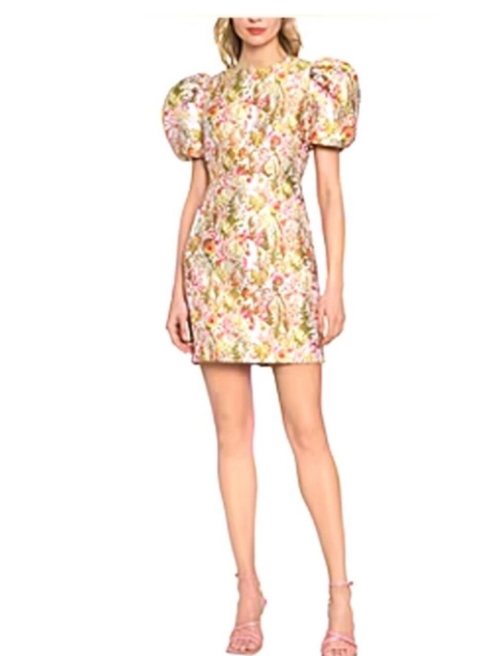 Floral Puff-Sleeve Mini Dress in Pink and Gold Accents